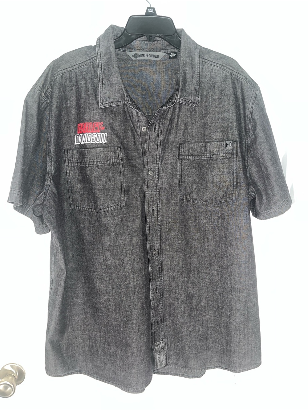 Mens Harley-Davidson 2XL Black Slim Short Sleeve Denim Mechanic Work Shirt